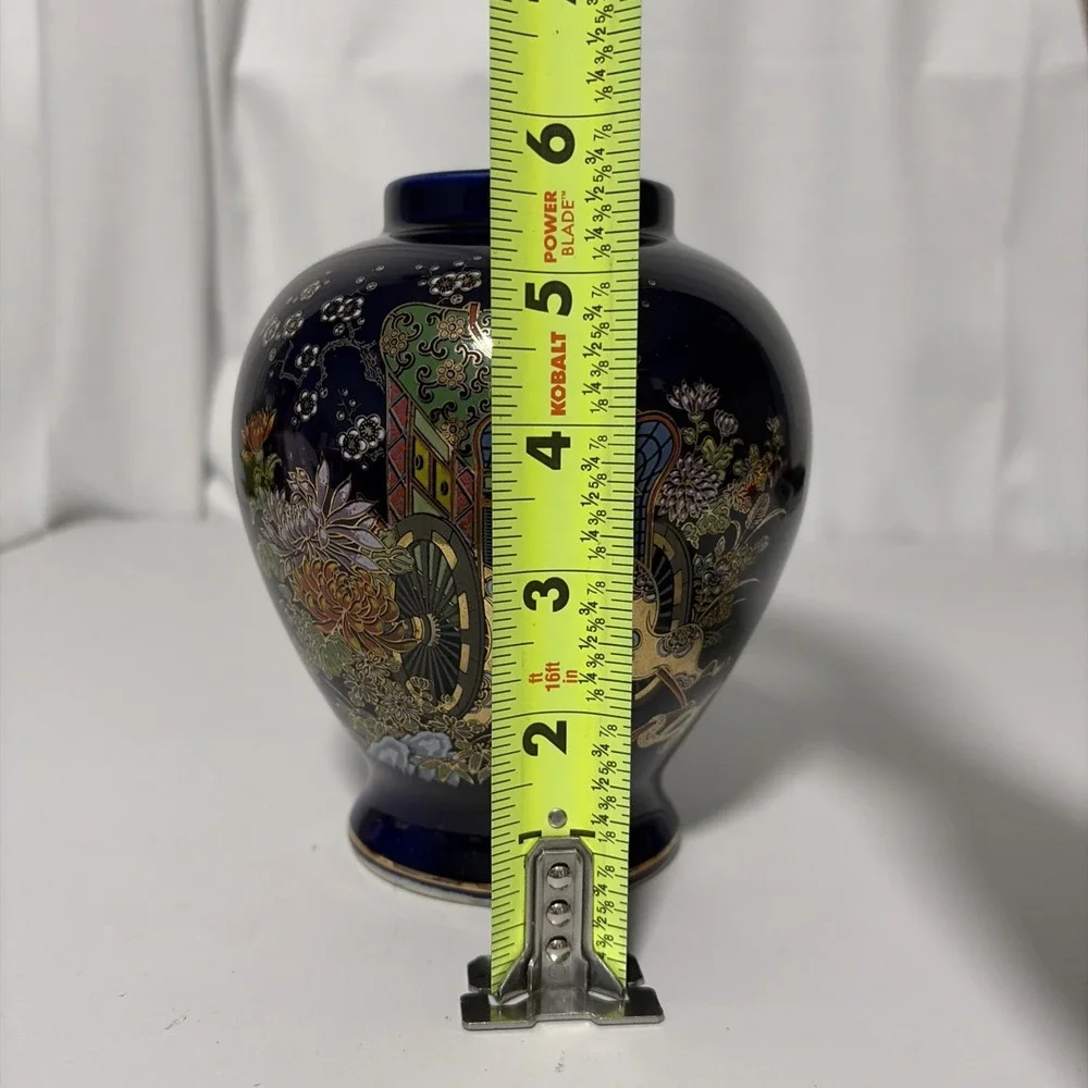 Vintage Japanese Cobalt Blue Ginger Jar Vase Hand Painted Floral Rickshaw 6